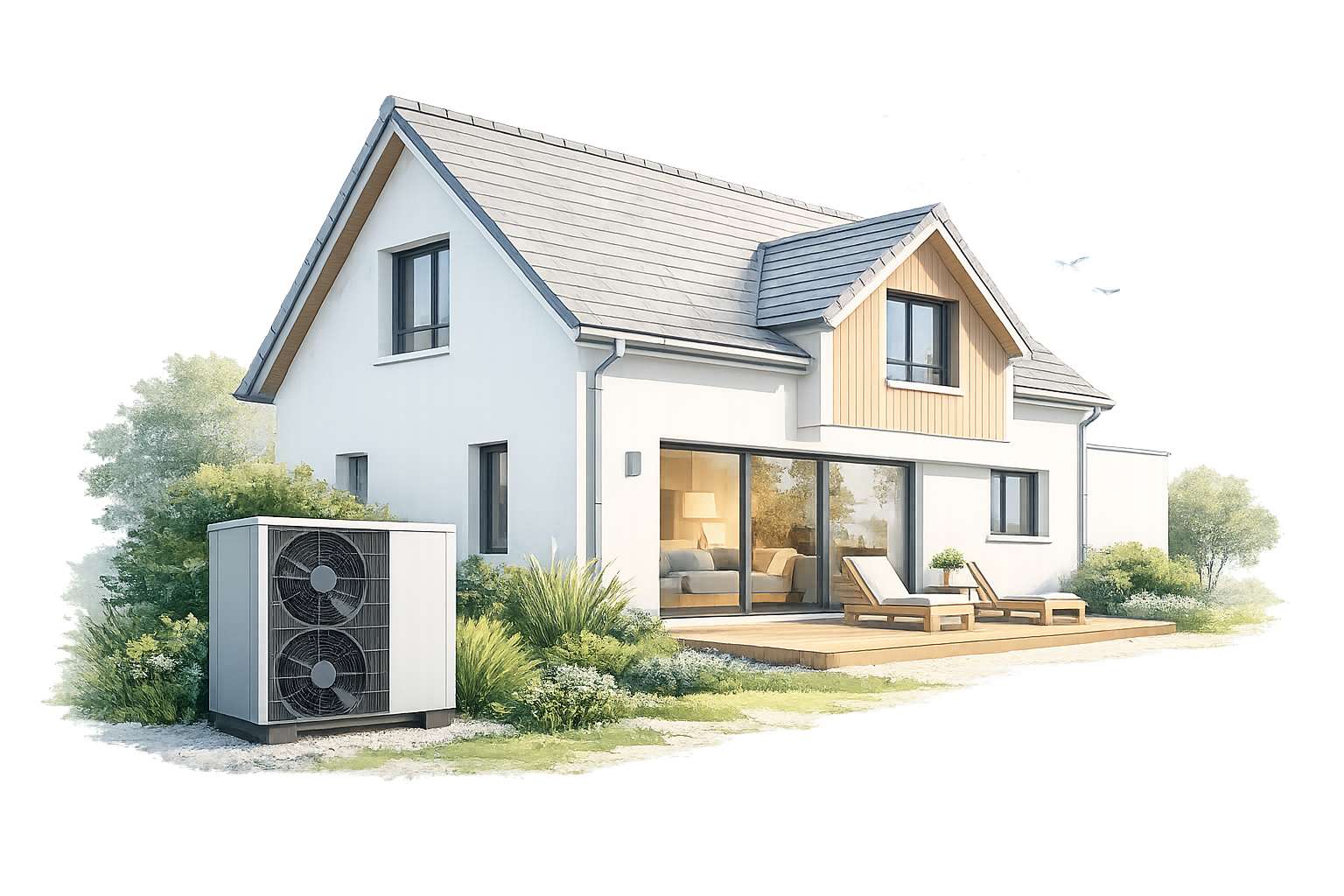Maison contemporaine équipée d’une unité extérieure de pompe à chaleur